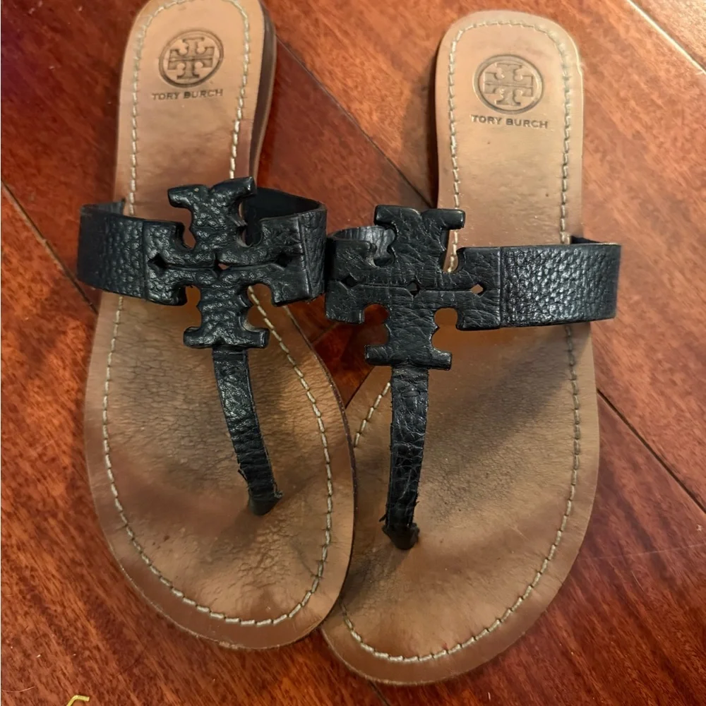 Tory Burch Black Miller Leather Thong Sandals